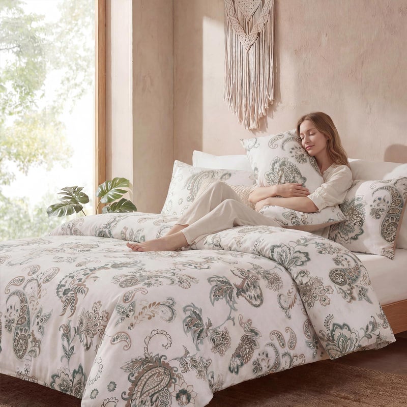 Cozaline Cozeline 100% Cotton Duvet Cover King Size, Green Paisley Bedding Set with Zipper Closure, 3 Pcs Breathable and Soft Duvet Cover for All Season - Image 5