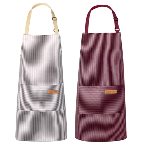VALOME 2 Pack Kitchen Aprons, Apron for Cooking with 2 Pockets, Unisex Adjustable Neck Strap Chef Aprons for Men Women (BROWN & RED) - Image 1