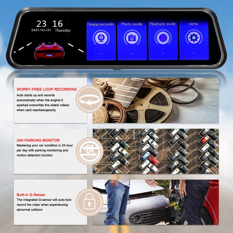 1080P Rear View Dash Cam 9.66 Inch Touchscreen Car DVR Video Recorder Front & Rear Dual Camera Driving Recorder 170° Wide Angle Support Night Vision G-Sensor Loop Recording - Image 4