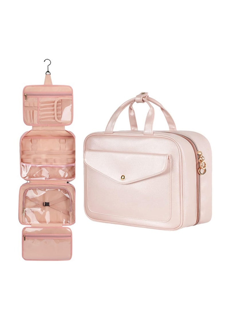 MIXDE Toiletry Bag, Portable Women's Travel Cosmetic Bag, Large Waterproof Cosmetic Bag, Hanging Toiletry Bag with Hooks, Fits Full Size Bottles, Holds Toiletries, Cosmetics, Brushes, Bottles (Pink)  - Image 1