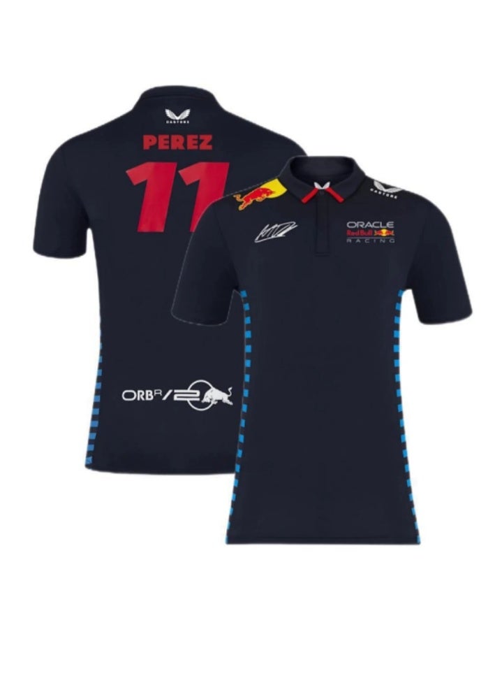 Red Bull Oracle  Racing Navy Blue Polo Shirt with Sergio Perez PEREZ 11 Print, Team Branding, and Blue Accent Detail--2XL - Image 1