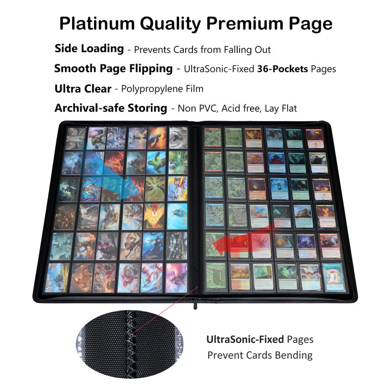 Rieton 36-Pocket Ringless Trading Card Binder - Holds 2304 Sleeved Cards, Side-Loading Black Pages, Water-Resistant Zipper Album for TCG & Sports - Image 3