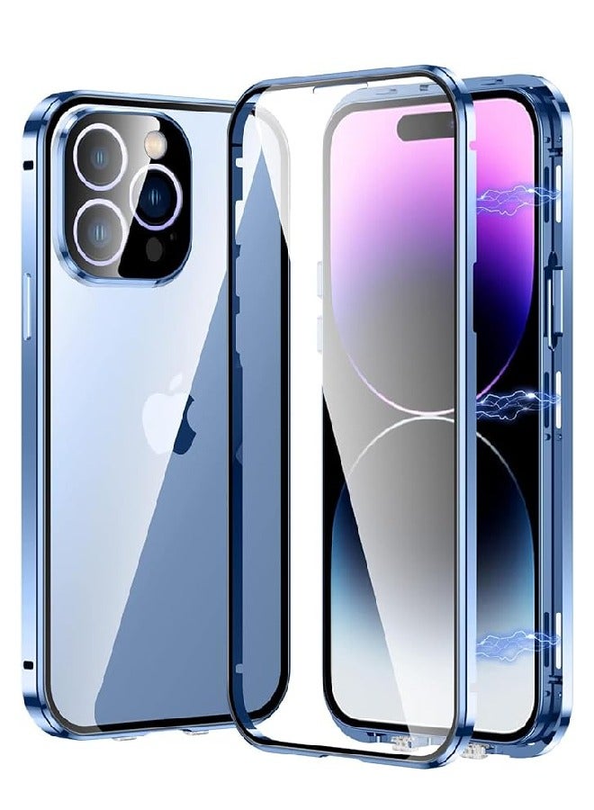 FOCUS Metal Case for iPhone 15 Pro , 360° Full Protection Ultra-Thin Clear Double Sided Tempered Glass Screen Protector Case Cover with Safety Lock and Camera Lens Protector (15 Pro , Blue) - Image 1