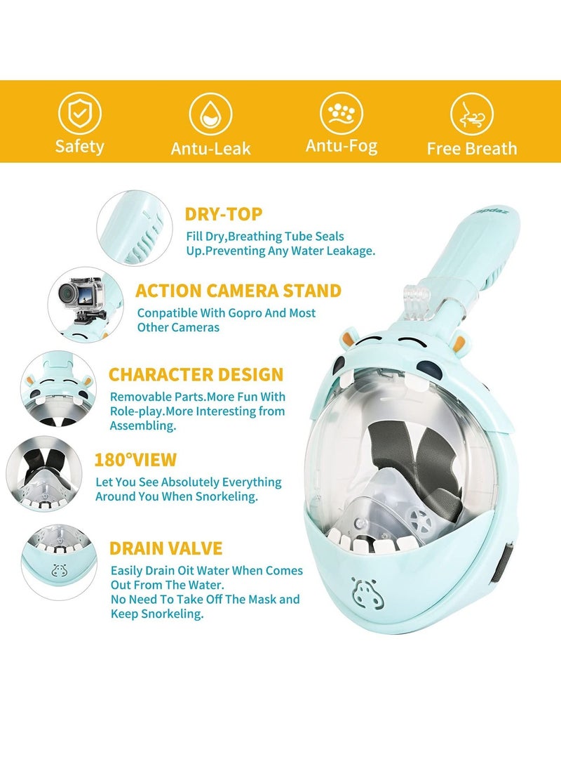 KASTWAVE Kids Snorkel Mask, with Latest Safety Dry Breathing System, Hippo Sharp Full Face Snorkel Mask for Kids, Anti-Fog Anti-Leak, 180¡ã HD View, Snorkel Set with Camera Mount, Snorkeling Gear for Kids - Image 4