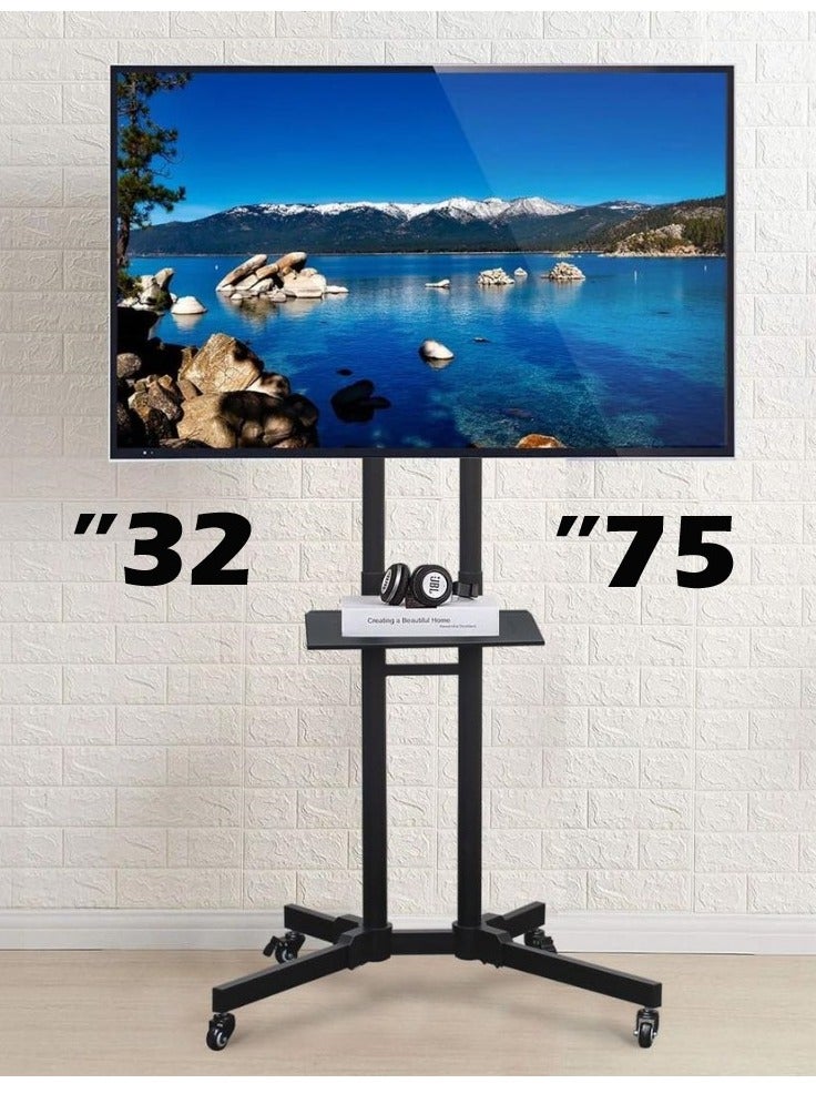 هامود حامل تلفزيون متنقل عالي الجودة مع ارتفاع قابل للتعديل وعجلات قابلة للقفل للشاشات المسطحة والمنحنية مقاس 32-75 بوصة، بما في ذلك رف قابل للإزالة - Image 1