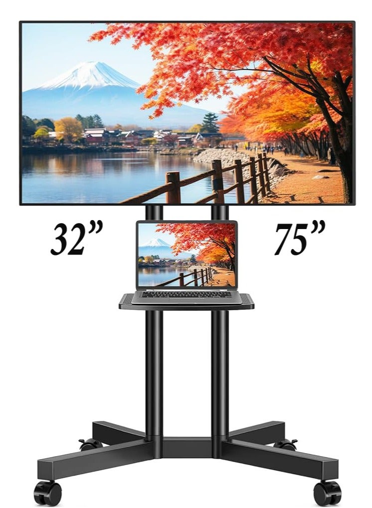هامود حامل تلفزيون متنقل عالي الجودة مع ارتفاع قابل للتعديل وعجلات قابلة للقفل للشاشات المسطحة والمنحنية مقاس 32-75 بوصة، بما في ذلك رف قابل للإزالة - Image 1