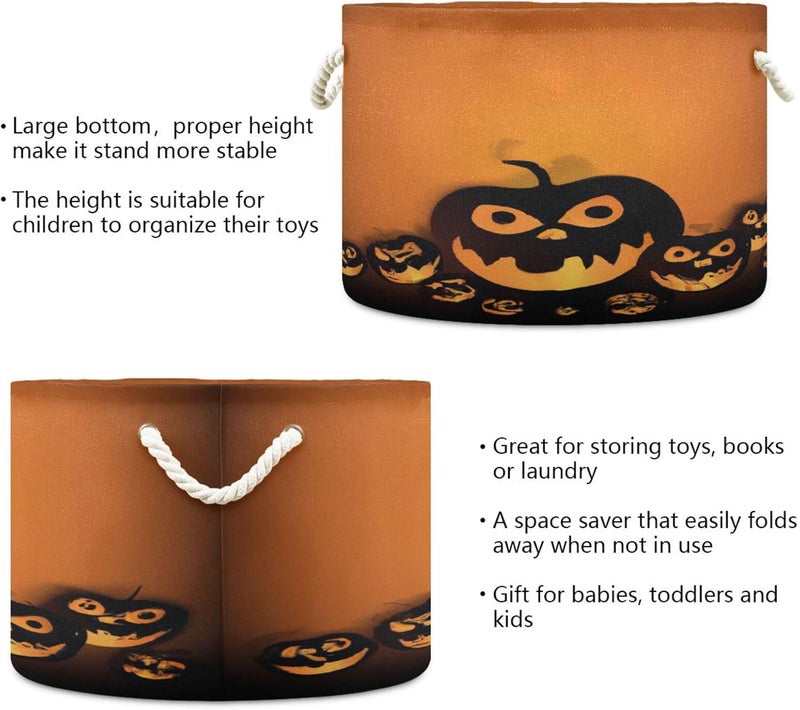 Halloween Pumpkin Cotton Rope Basket Collapsible Laundry Basket Blanket Storage Organizer with Handles for Kids Toys Clothes Bedroom Nursery Living Room - Image 3