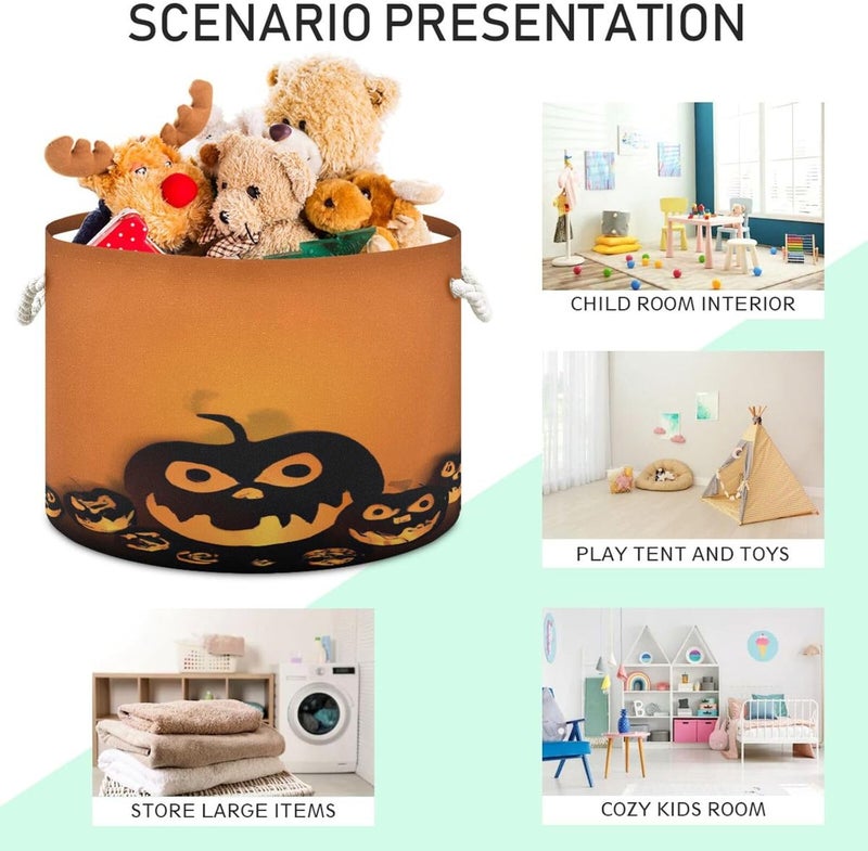 Halloween Pumpkin Cotton Rope Basket Collapsible Laundry Basket Blanket Storage Organizer with Handles for Kids Toys Clothes Bedroom Nursery Living Room - Image 4