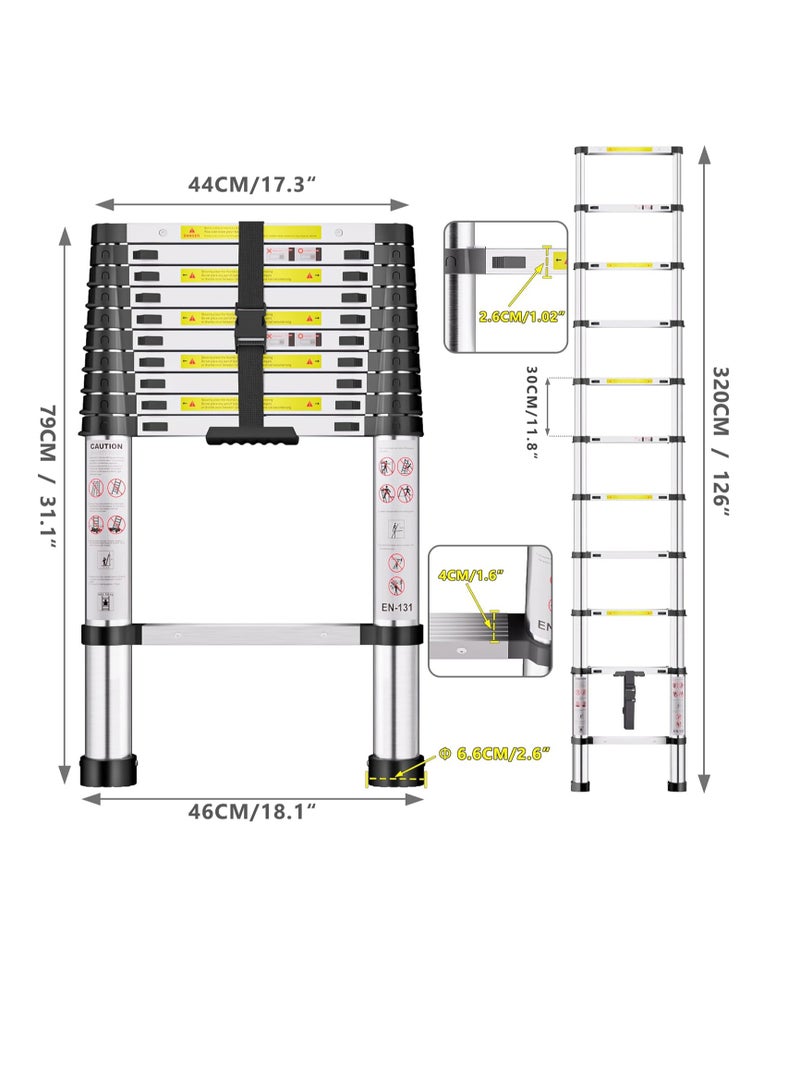 سلم تلسكوبي 3.2 متر – سلم استانلس ستيل قابل للطي بارتفاع قابل للتعديل وقاعدة مانعة للانزلاق للأسطح والعَليّات والكرفانات - Image 2