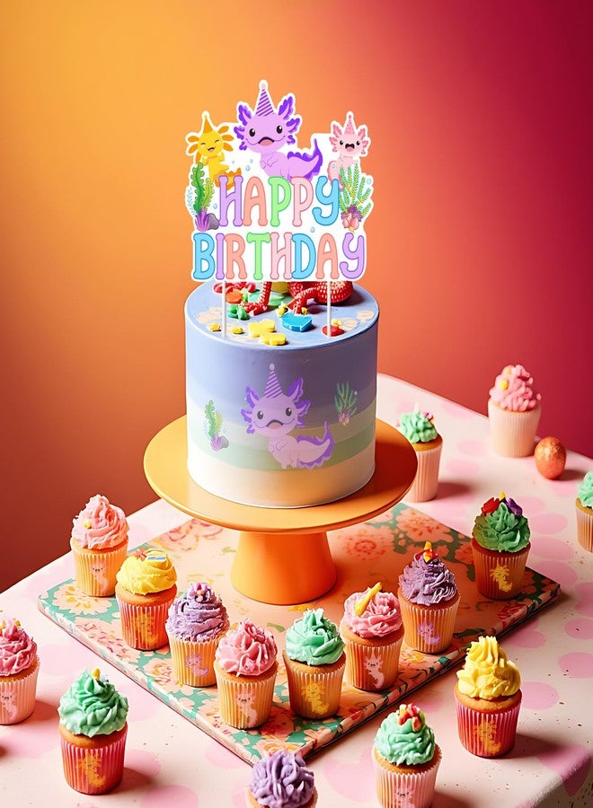 Fangleland Colorful Axolotl Happy Birthday Cake Topper, Cartoon Animal Axolotl Theme Cake Decoration Cartoon Animal Theme Party Supplies for Boys Girls - Image 3