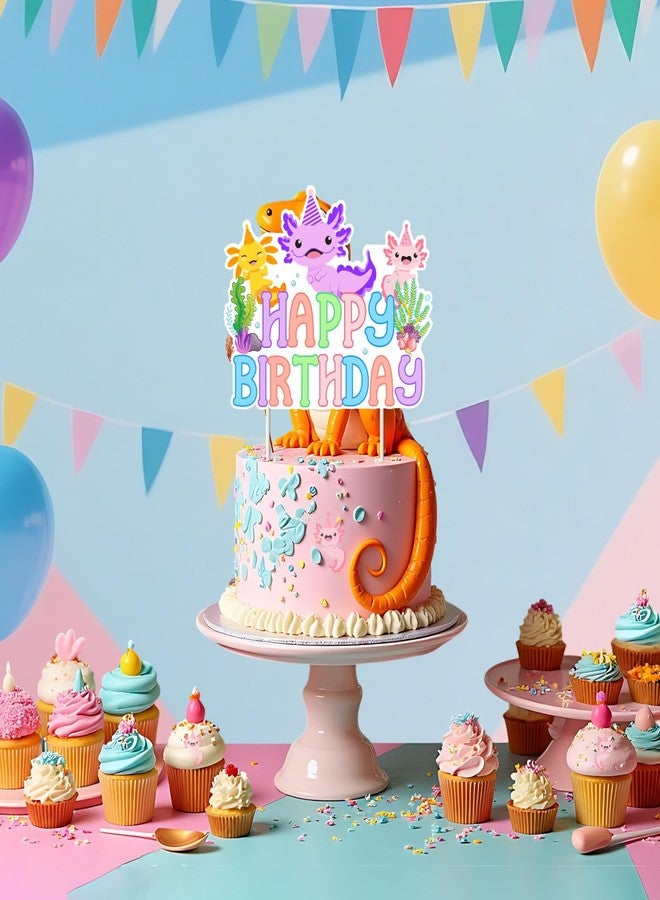 Fangleland Colorful Axolotl Happy Birthday Cake Topper, Cartoon Animal Axolotl Theme Cake Decoration Cartoon Animal Theme Party Supplies for Boys Girls - Image 2