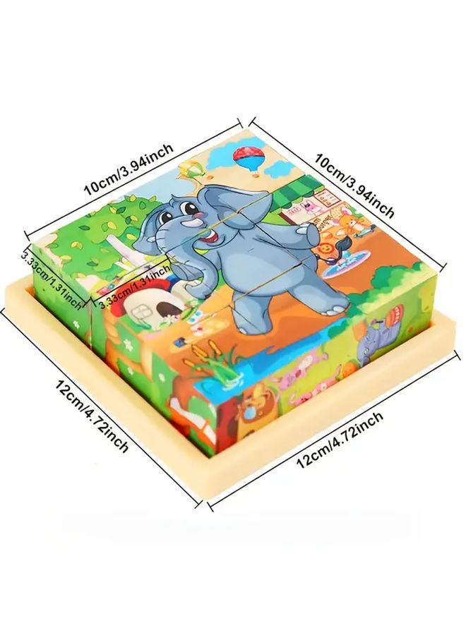 6 In 1 Farm Animal Dinosaur Ocean Wooden Cube Puzzle With Storage Tray Educational Toy - Image 3