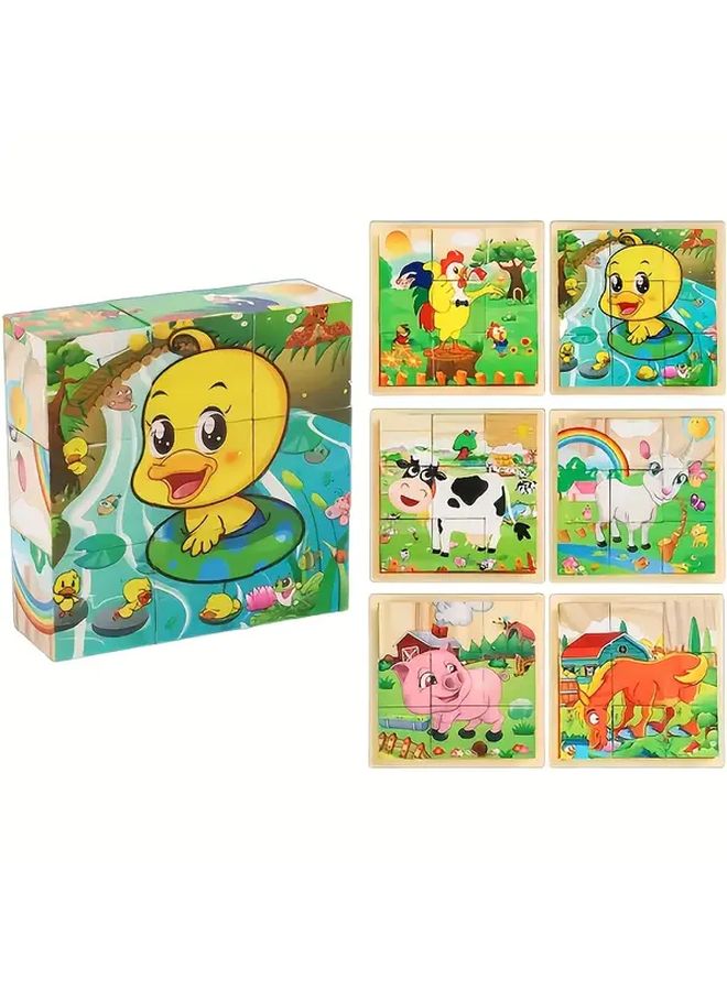 6 In 1 Farm Animal Dinosaur Ocean Wooden Cube Puzzle With Storage Tray Educational Toy - Image 5