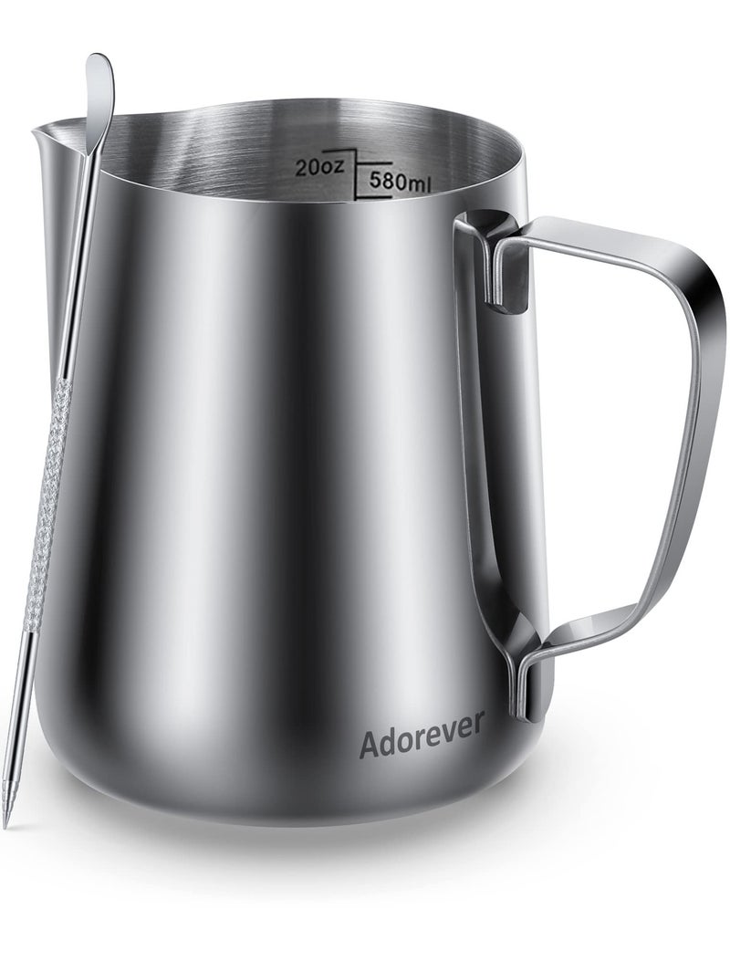 Milk Frothing Pitcher 20oz Steaming Pitcher Stainless Steel Espresso Machine Accessories for Coffee Bar Cappuccino Barista Tools Milk Jug Steamer Frother Cup with Decorating Latte Art Pen