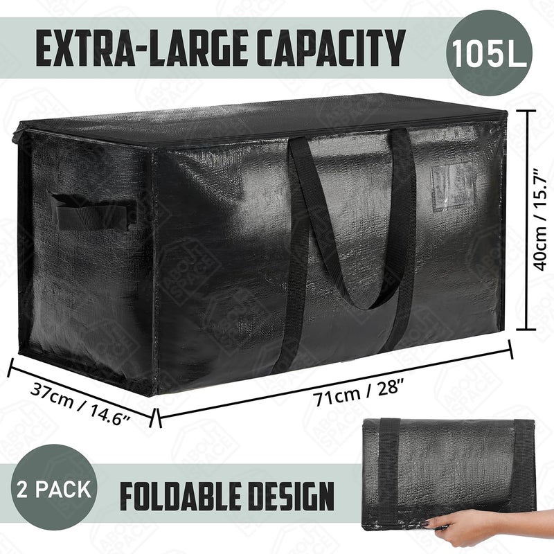 ABOUT SPACE ABOUT SPACE 2 Pcs Extra Large Moving Bag 105 L Storage Bags for Clothes Large PP Packing Bags for Shifting Organizer Bag for Books Blanket Cover Bag with Wrap Around Handles Zipper Black - Image 2