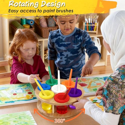 XDONEF Paint Cups with Lids for Kids 7pcs Spill Proof Painting Cups with Rotating Holder Toddler Paints Brushes No Spill Paint Cups with Kids Art Smock Paint Containers Art Supplies for Classrooms - Image 3