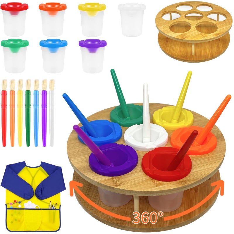 XDONEF Paint Cups with Lids for Kids 7pcs Spill Proof Painting Cups with Rotating Holder Toddler Paints Brushes No Spill Paint Cups with Kids Art Smock Paint Containers Art Supplies for Classrooms - Image 2