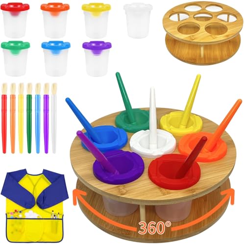 XDONEF Paint Cups with Lids for Kids 7pcs Spill Proof Painting Cups with Rotating Holder Toddler Paints Brushes No Spill Paint Cups with Kids Art Smock Paint Containers Art Supplies for Classrooms - Image 1