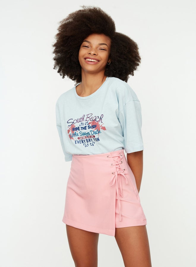 trendyol Pink Lace-Up and Eyelet Detail Woven Shorts Skirt  - Image 2