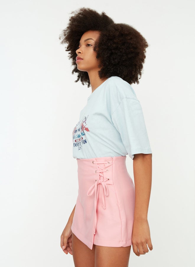 trendyol Pink Lace-Up and Eyelet Detail Woven Shorts Skirt  - Image 3