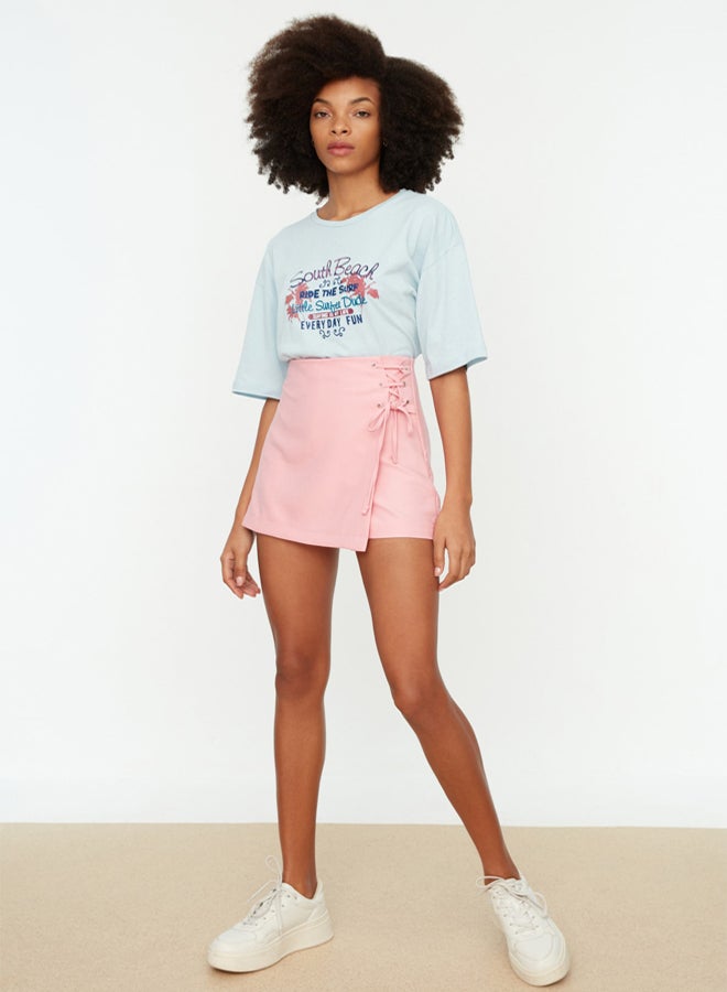 trendyol Pink Lace-Up and Eyelet Detail Woven Shorts Skirt  - Image 1
