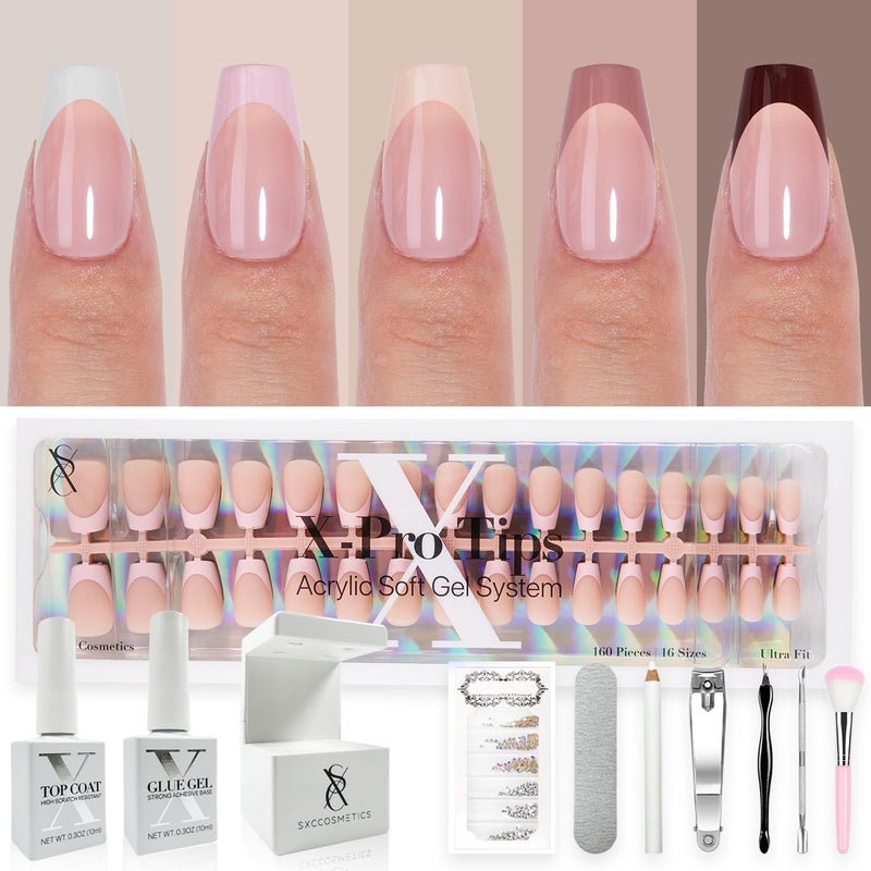 SXC Cosmetics French Tip Press On Nails - Skin Tone Nude and Color Series, Short Coffin X-Pro Tips Starter Kit ST119KIT - Image 1