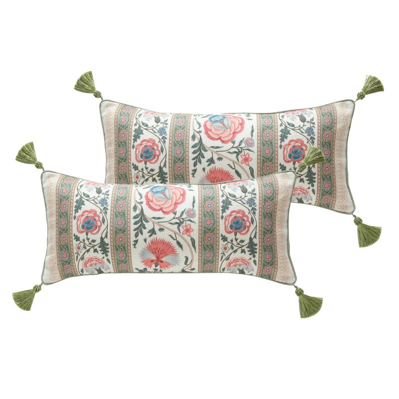 ISAENNE Design Lumbar Retro Elegance Linen Throw Pillow Covers 12"x28" Pack of 2, Green Pink Floral Pattern Cushion Covers Rectangle Decor Pillowcases for Bed,Living Room,Outdoor,Car - Image 1