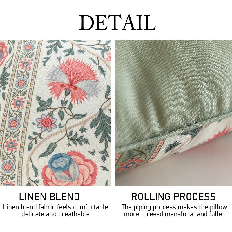 ISAENNE Design Lumbar Retro Elegance Linen Throw Pillow Covers 12"x28" Pack of 2, Green Pink Floral Pattern Cushion Covers Rectangle Decor Pillowcases for Bed,Living Room,Outdoor,Car - Image 5