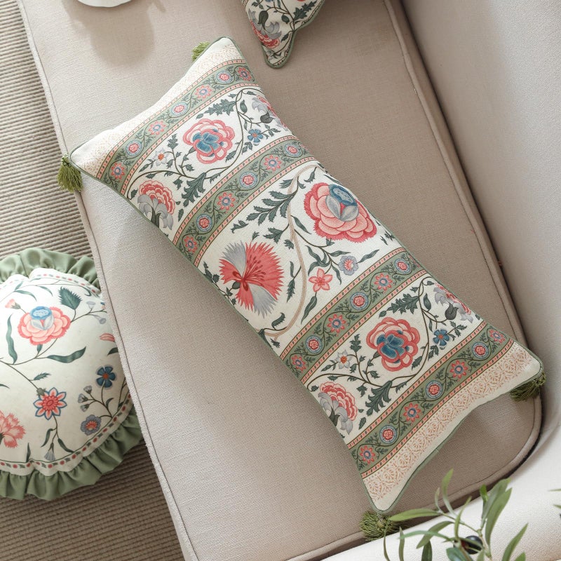 ISAENNE Design Lumbar Retro Elegance Linen Throw Pillow Covers 12"x28" Pack of 2, Green Pink Floral Pattern Cushion Covers Rectangle Decor Pillowcases for Bed,Living Room,Outdoor,Car - Image 2