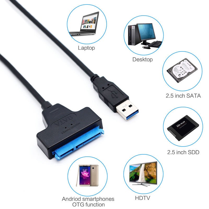 كابل SATA USB 3.0: كابل محرك أبيض أسود بحجم 2.5 بوصة - محول سريع لنقل البيانات SATA SSD HDD للتوصيل بالتخزين الخارجي - Image 4
