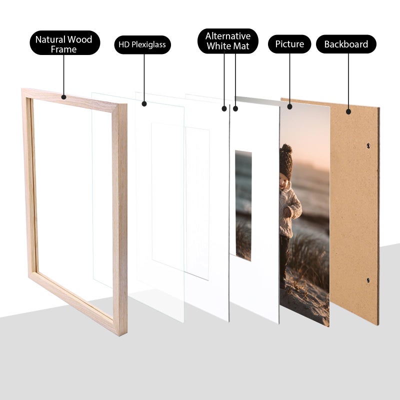KINLINK 11x14 Picture Frame Natural, Solid Wood Frames 14x11 with Acrylic Plexiglass for Pictures 5x7/8x10 with Mat or 11x14 without Mat, Tabletop and Wall Display Photo Frame Set of 4 - Image 3