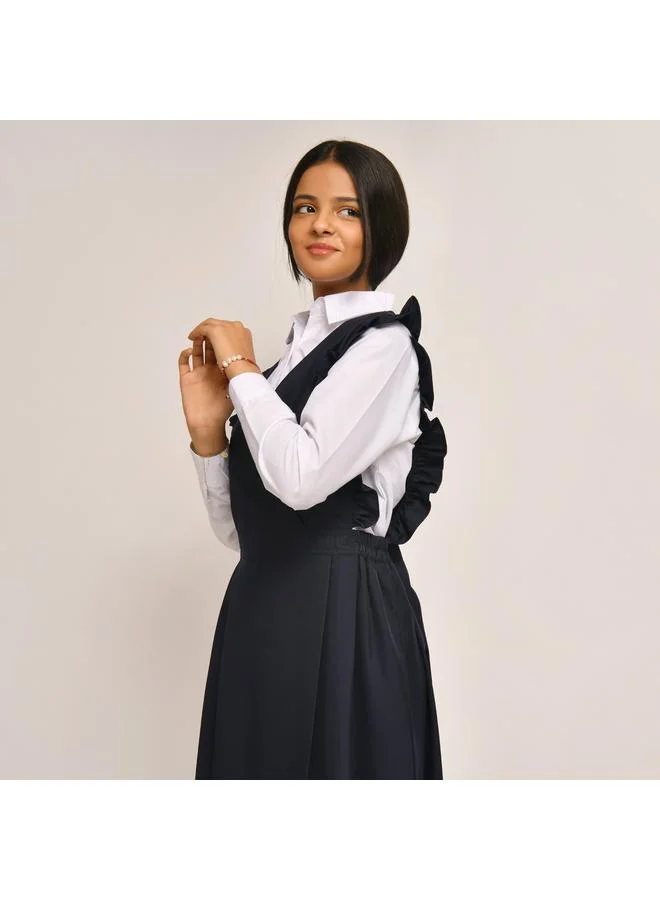 HAWRAA ABAYA مريول كحلي بياقة بليزر وكشكش عريض على الأكتاف وزم من الجانبين