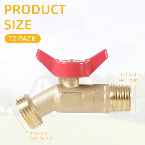 Ohiyoo 12 Pack Hose Bibb Brass Ball Valve 12 Male NPT Inlet x 34 Male GHT Threaded Garden Hose Outlet Connector 14Turn Sillcock Water Spigot Hose Bibb Valve 12 x 34 - Image 3