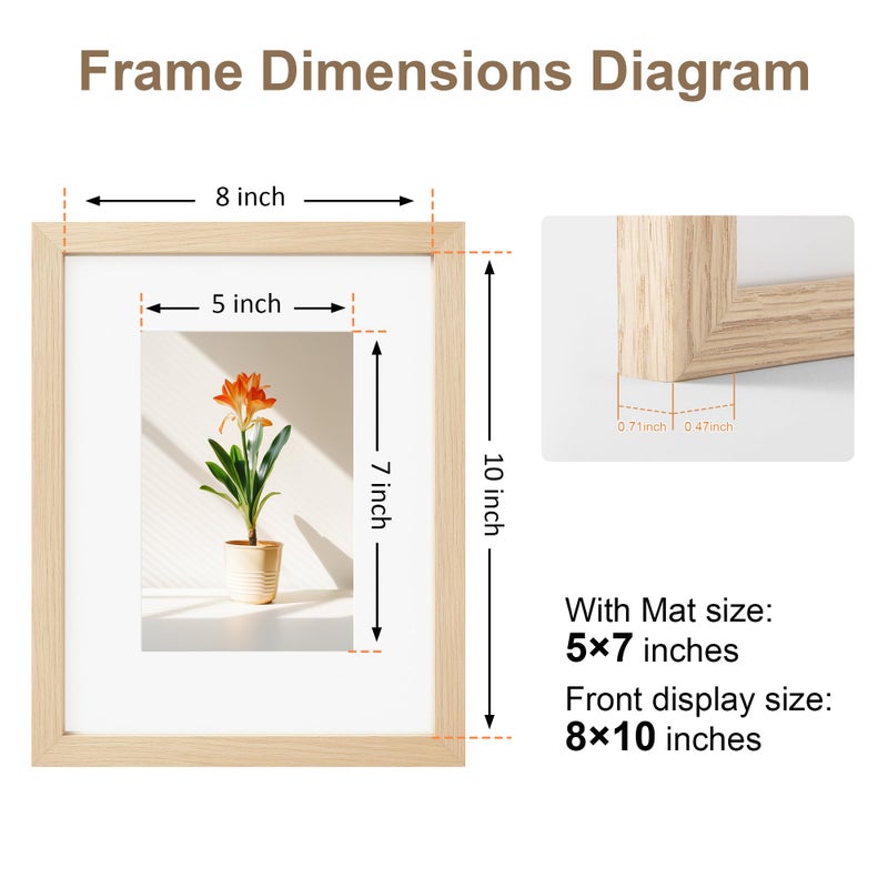 TONES FRAME DESIGN 8x10 Picture Frame Natural 8x10 Wooden Frame Matted to 5x7 Wood Veneer Finish 8 x 10 Photo Frame with Shatterproof Plexiglass for Tabletop Wall Display - Image 3