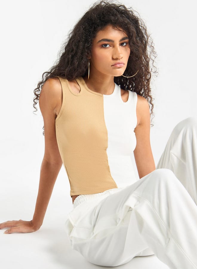 Splash FAV Colourblock Ribbed Sleeveless Top with Cutout Detail and Round Neck  - Image 1