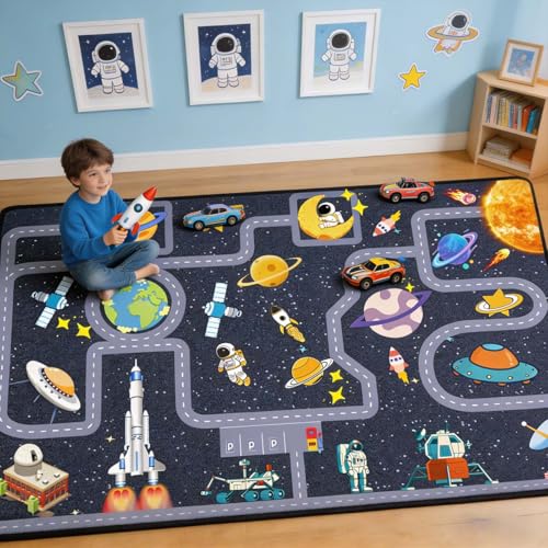 Pyrrhite Outer Space Kid Rug，Boys Car Rug for Kids Toy Cars Have Fun Safely, Non-Slip Educational City Road Rugs Carpets for Kid Room Bedroom（47×31 in - Image 4