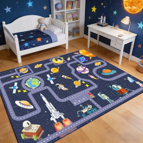 Pyrrhite Outer Space Kid Rug，Boys Car Rug for Kids Toy Cars Have Fun Safely, Non-Slip Educational City Road Rugs Carpets for Kid Room Bedroom（47×31 in - Image 1