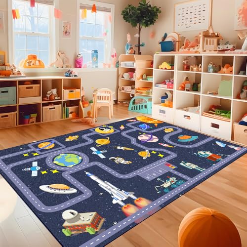 Pyrrhite Outer Space Kid Rug，Boys Car Rug for Kids Toy Cars Have Fun Safely, Non-Slip Educational City Road Rugs Carpets for Kid Room Bedroom（47×31 in - Image 5