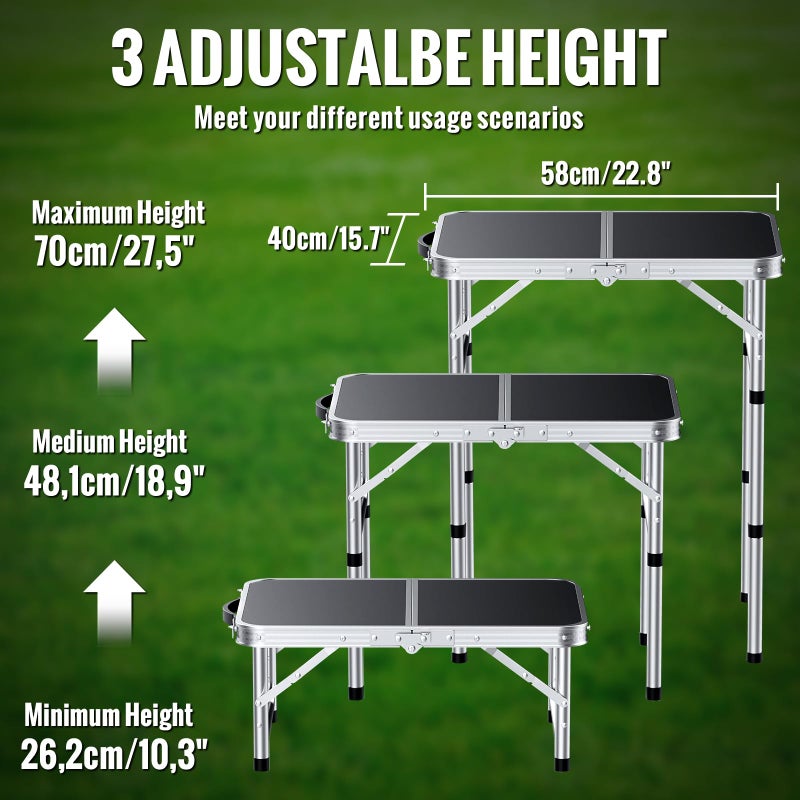 GARLLEN 2ft Folding Camping Table, Portable Folding Picnic Table with 3-Height Adjustable, Lightweight Aluminum Outdoor Tables for BBQ, Camping, Cooking, 22.8" L x 15.7" W, Silver - Image 4
