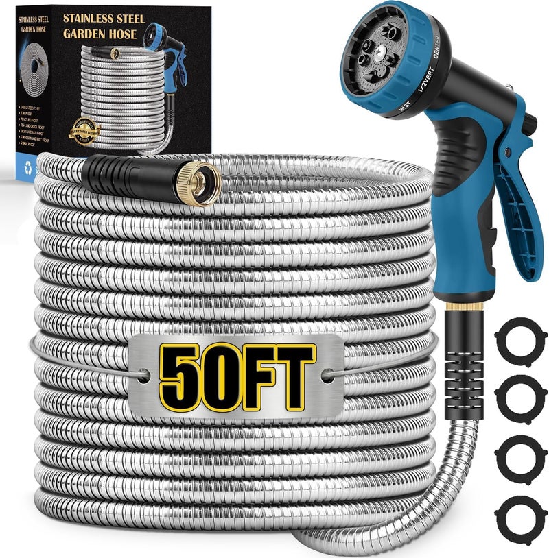 Tocebe Metal Garden Hose 50FT, Stainless Steel Water Hose with 10 Function Nozzle, Solid Brass Fittings, Lightweight, Kink-Free & Dog Chew Proof for Lawn, Yard, RV, Car Wash, 550PSI - Image 1