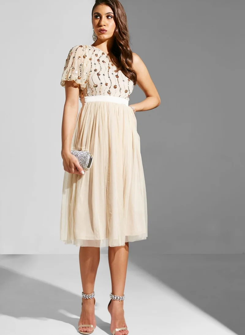Amelia Rose One Shoulder Pleated Embroidered Dress
