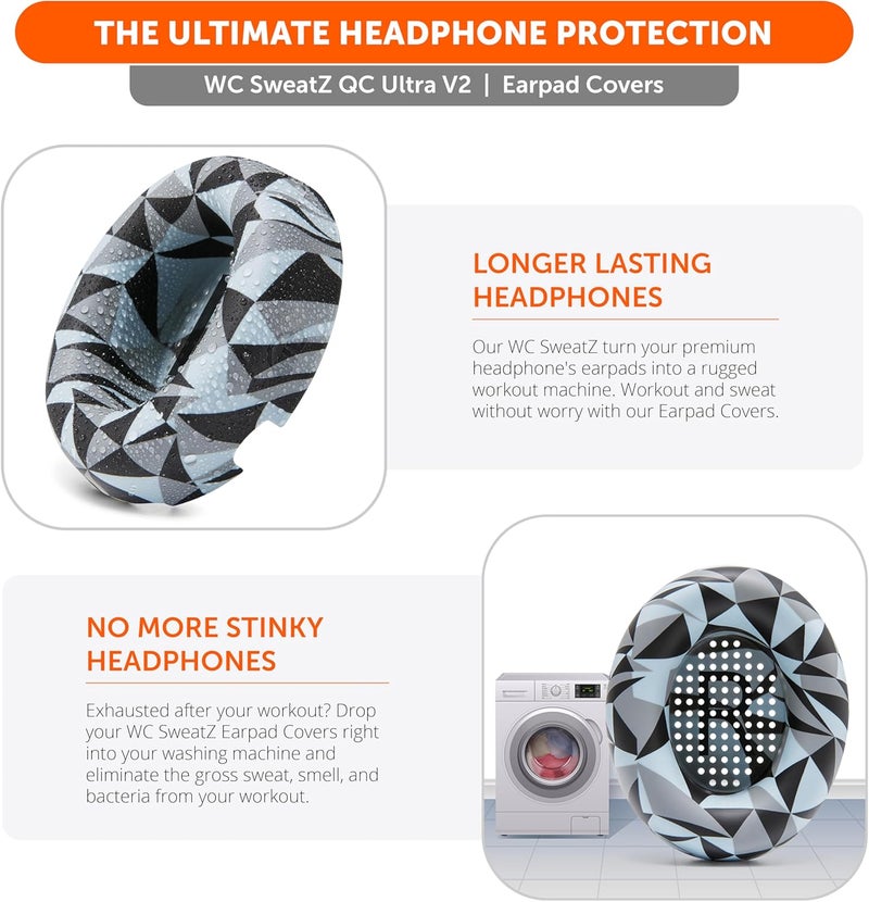 WC SweatZ QC Ultra - Protective Earpad Covers for Bose QuietComfort Ultra by Wicked Cushions | Sweatproof & Easily Washable | Does not fit any other Bose Headphones | Geo Grey - Image 5