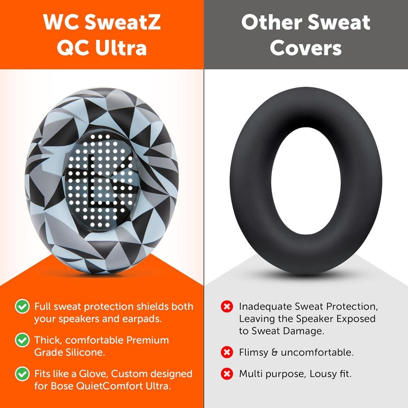 WC SweatZ QC Ultra - Protective Earpad Covers for Bose QuietComfort Ultra by Wicked Cushions | Sweatproof & Easily Washable | Does not fit any other Bose Headphones | Geo Grey - Image 3