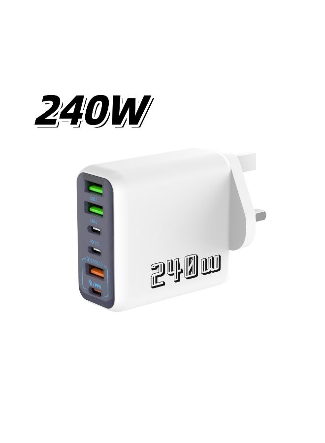 شاحن حائطي متعدد الوظائف فائق السرعة بقوة 240 وات، مزود بـ 6 منافذ، ومحول طاقة للسفر، باللون الأبيض - Image 1