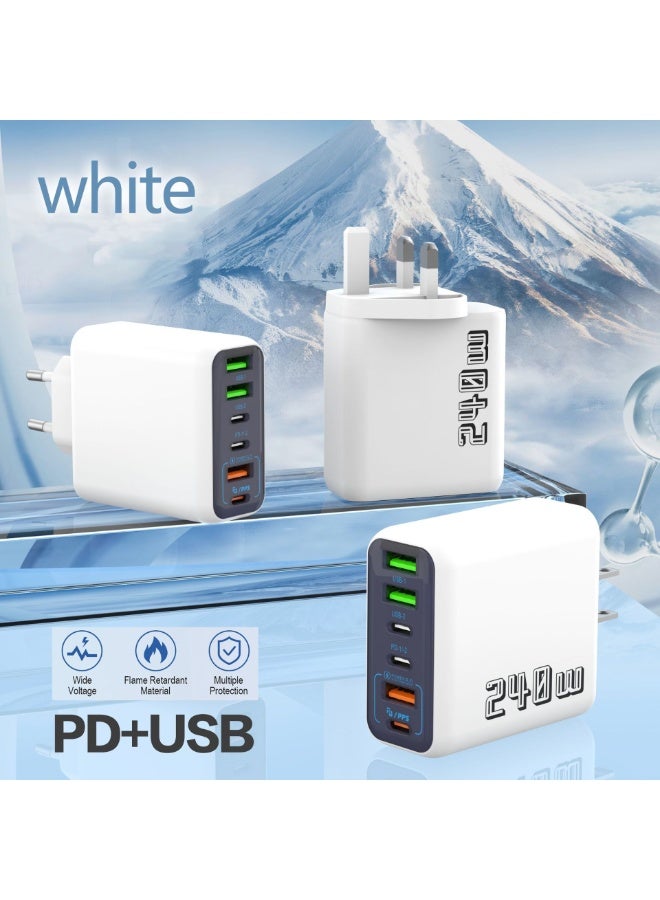 شاحن حائطي متعدد الوظائف فائق السرعة بقوة 240 وات، مزود بـ 6 منافذ، ومحول طاقة للسفر، باللون الأبيض - Image 4