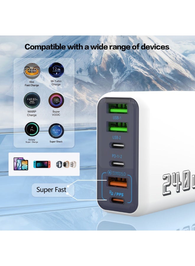 شاحن حائطي متعدد الوظائف فائق السرعة بقوة 240 وات، مزود بـ 6 منافذ، ومحول طاقة للسفر، باللون الأبيض - Image 5