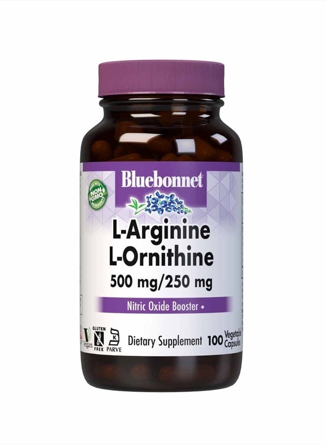 Bluebonnet ل-أرجينين 500 ملغ / ل-أورنيثين 250 ملغ، يدعم عملية الأيض البروتيني*، خالي من الصويا، خالي من الجلوتين، غير معدل وراثيًا، معتمد كوشير، نباتي، 100 كبسولة نباتية - Image 1