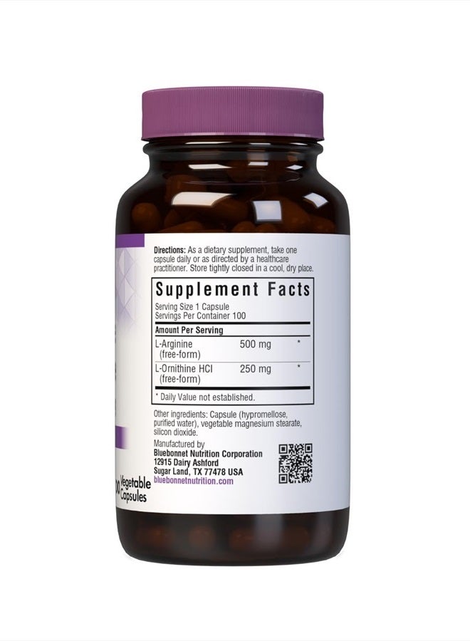 Bluebonnet ل-أرجينين 500 ملغ / ل-أورنيثين 250 ملغ، يدعم عملية الأيض البروتيني*، خالي من الصويا، خالي من الجلوتين، غير معدل وراثيًا، معتمد كوشير، نباتي، 100 كبسولة نباتية - Image 2