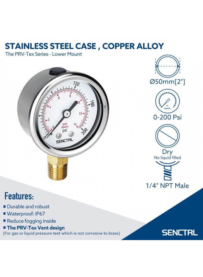 SENCTRL 200 Psi Pressure Gauge, 2" Dial Size, 1/4 NPT Lower Mount, Waterproof, Stainless Steel Case, for Water Filter Pneumatic Regulator Air Compressor Tire Pressure Test - Image 1