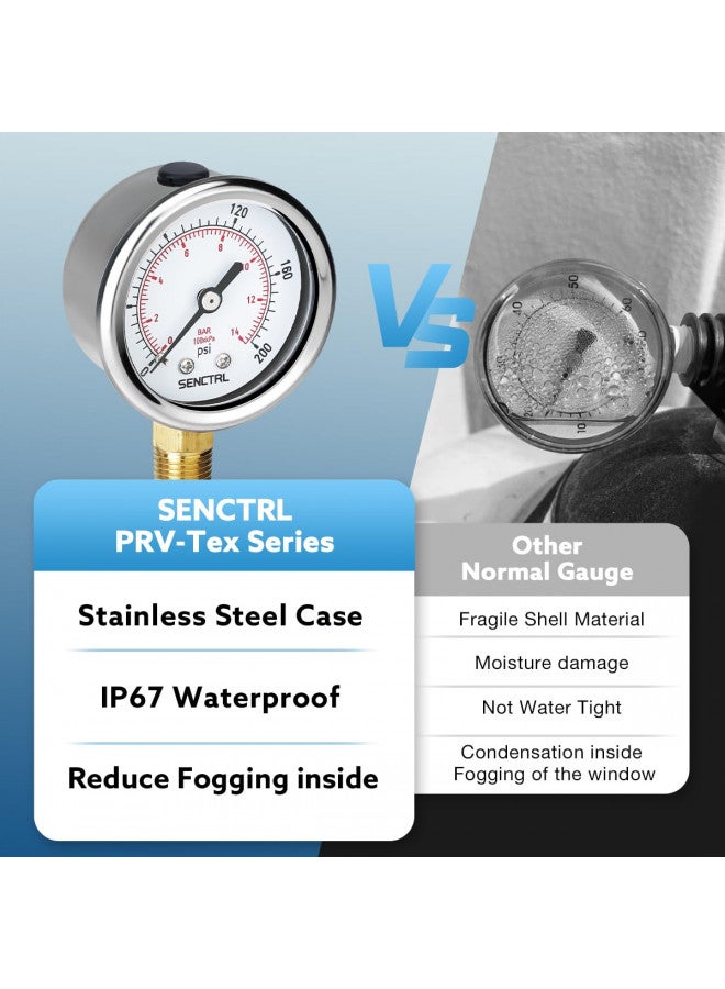 SENCTRL 200 Psi Pressure Gauge, 2" Dial Size, 1/4 NPT Lower Mount, Waterproof, Stainless Steel Case, for Water Filter Pneumatic Regulator Air Compressor Tire Pressure Test - Image 2